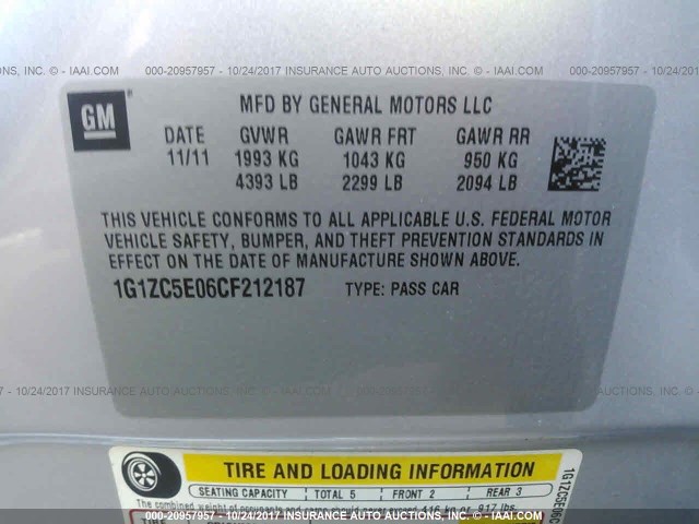 1G1ZC5E06CF212187 - 2012 CHEVROLET MALIBU 1LT 银色 照片 9