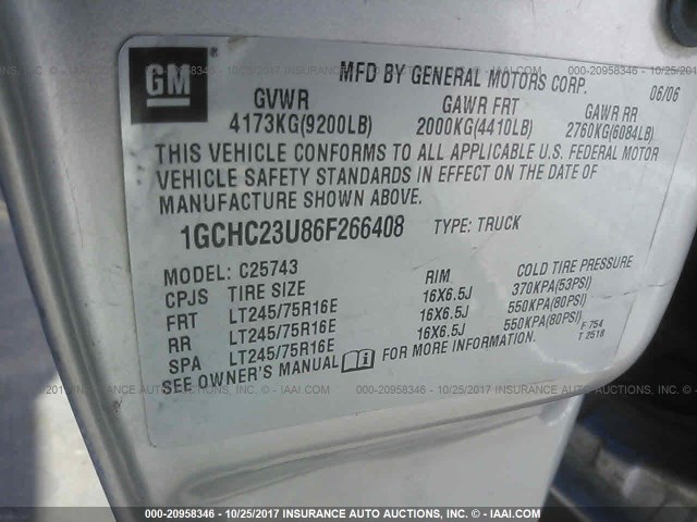 1GCHC23U86F266408 - 2006 CHEVROLET SILVERADO C2500 HEAVY DUTY GRAY photo 9