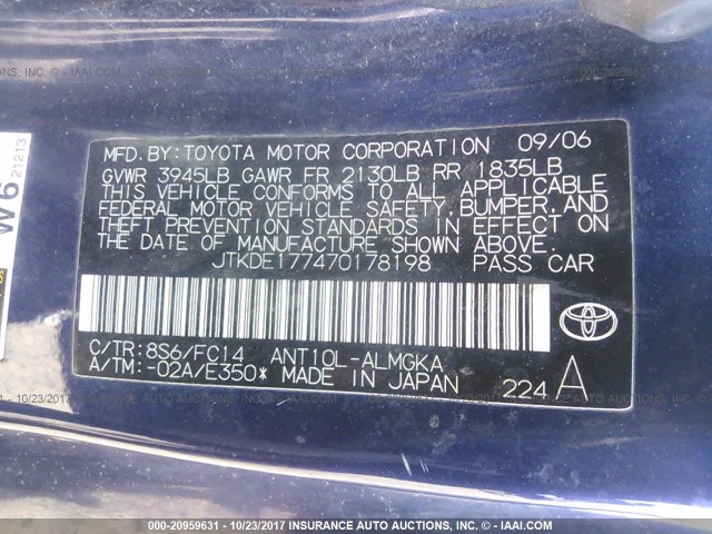 JTKDE177470178198 - 2007 TOYOTA SCION TC 深蓝色 照片 9