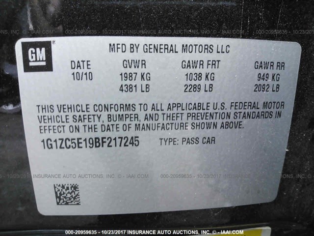 1G1ZC5E19BF217245 - 2011 CHEVROLET MALIBU 1LT GRAY photo 9