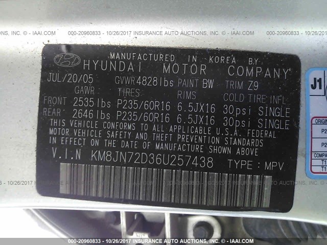 KM8JN72D36U257438 - 2006 HYUNDAI TUCSON GLS/LIMITED 金色 照片 9