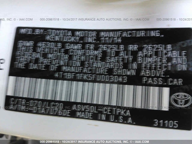 4T1BF1FK5FU003043 - 2015 TOYOTA CAMRY LE/XLE/SE/XSE Weiß Foto 9