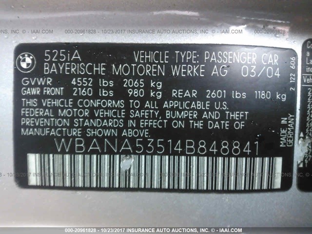 WBANA53514B848841 - 2004 BMW 525 I 银色 照片 9