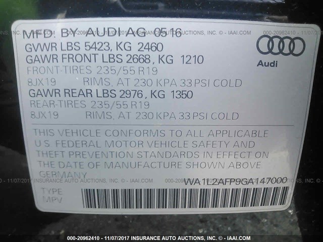 WA1L2AFP9GA147000 - 2016 AUDI Q5 PREMIUM PLUS BLACK photo 9