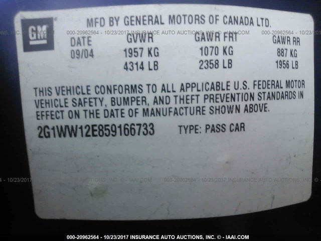 2G1WW12E859166733 - 2005 CHEVROLET MONTE CARLO LS BLUE photo 9