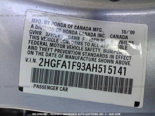 2HGFA1F93AH515141 - 2010 HONDA CIVIC EXL SILVER photo 9