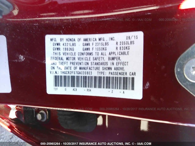 1HGCR2F57GA035903 - 2016 HONDA ACCORD SPORT RED photo 9