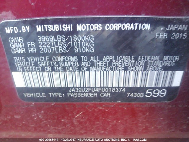 JA32U2FU4FU018374 - 2015 MITSUBISHI LANCER ES RED photo 9