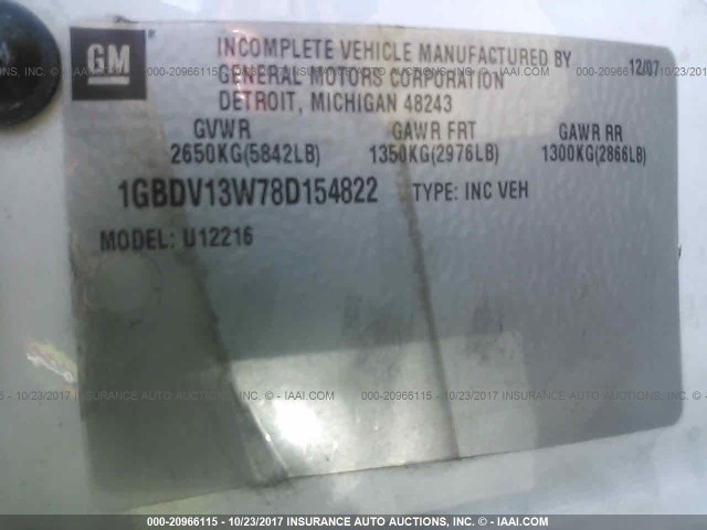1GBDV13W78D154822 - 2008 CHEVROLET UPLANDER INCOMPLETE WHITE photo 9