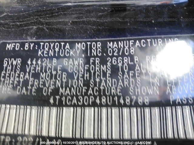 4T1CA30P48U148788 - 2008 TOYOTA CAMRY SOLARA SE/SLE/SPORT BLACK photo 9