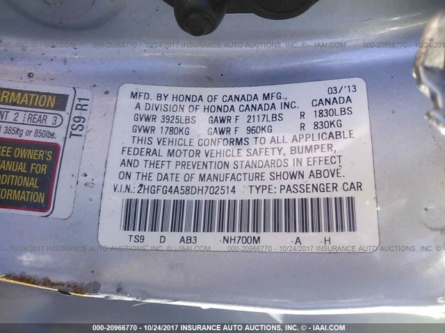 2HGFG4A58DH702514 - 2013 HONDA CIVIC SI SILVER photo 9