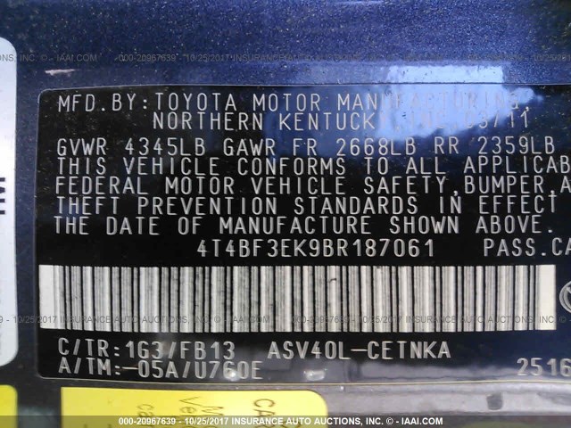4T4BF3EK9BR187061 - 2011 TOYOTA CAMRY SE/LE/XLE ნაცრისფერი ფოტო 9