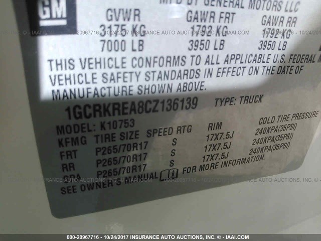 1GCRKREA8CZ136139 - 2012 CHEVROLET SILVERADO K1500 LS WHITE photo 9