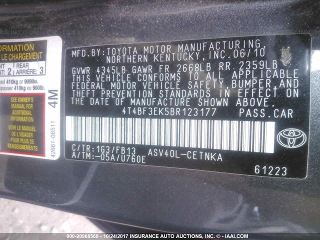 4T4BF3EK5BR123177 - 2011 TOYOTA CAMRY SE/LE/XLE ნაცრისფერი ფოტო 9