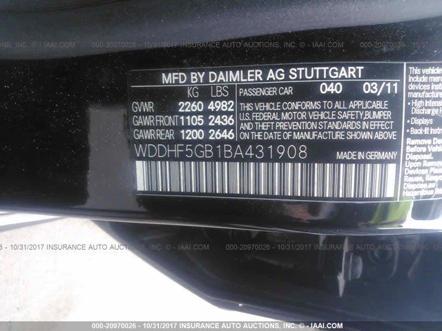 WDDHF5GB1BA431908 - 2011 MERCEDES-BENZ E 350 BLACK photo 9