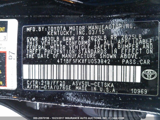 4T1BF1FKXFU053842 - 2015 TOYOTA CAMRY LE/XLE/SE/XSE Noir photo 9