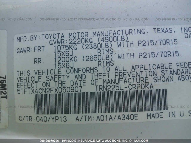 5TFTX4CN2FX050907 - 2015 TOYOTA TACOMA ACCESS CAB Weiß Foto 9