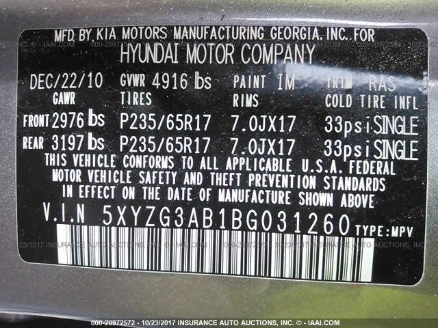 5XYZG3AB1BG031260 - 2011 HYUNDAI SANTA FE GLS GRAY photo 9