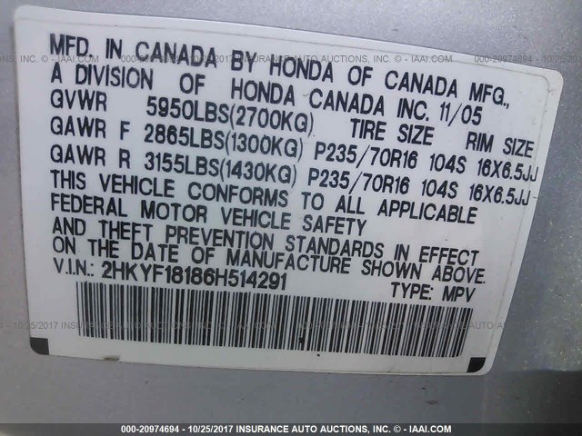 2HKYF18186H514291 - 2006 HONDA PILOT LX SILVER photo 9