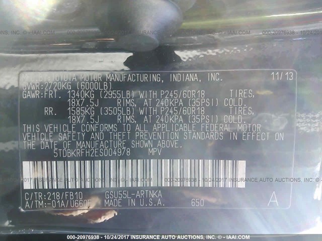 5TDBKRFH2ES004978 - 2014 TOYOTA HIGHLANDER LE/LE PLUS 黑色 照片 9