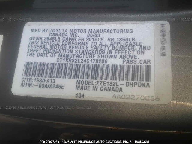 2T1KR32E24C178206 - 2004 TOYOTA COROLLA MATRIX XR GRAY photo 9