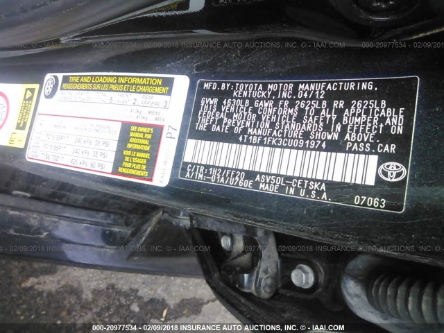 4T1BF1FK3CU091974 - 2012 TOYOTA CAMRY SE/LE/XLE BLACK photo 9