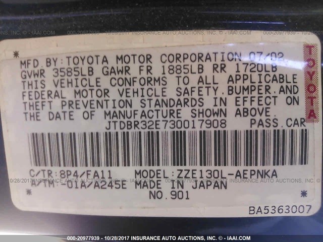 JTDBR32E730017908 - 2003 TOYOTA COROLLA CE/LE BLUE photo 9