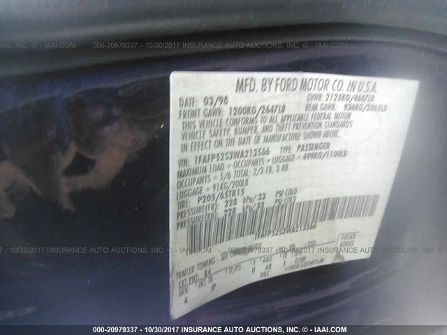 1FAFP52S3WA213566 - 1998 FORD TAURUS LX/SE BLUE photo 9