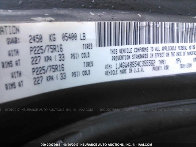 1J4GW48S54C355562 - 2004 JEEP GRAND CHEROKEE LAREDO/COLUMBIA/FREEDOM 灰色 照片 9