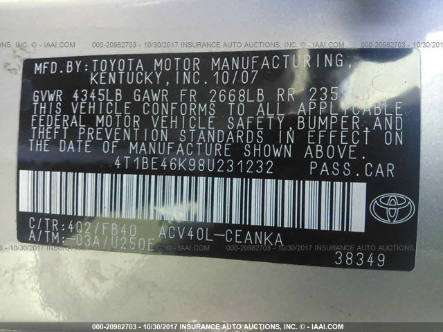 4T1BE46K98U231232 - 2008 TOYOTA CAMRY CE/LE/XLE/SE TAN photo 9