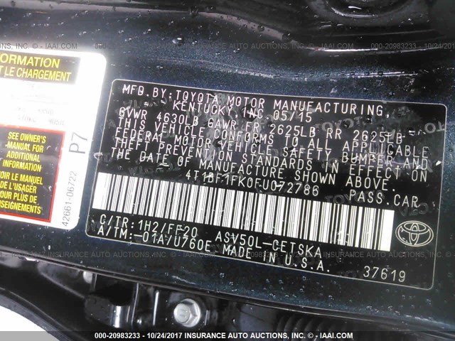 4T1BF1FK0FU072786 - 2015 TOYOTA CAMRY LE/XLE/SE/XSE BLACK photo 9