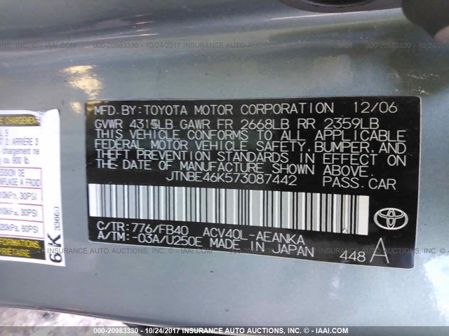 JTNBE46K573087442 - 2007 TOYOTA CAMRY NEW GENERAT CE/LE/XLE/SE GREEN photo 9