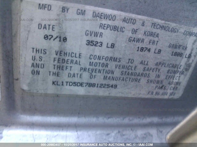 KL1TD5DE7BB122549 - 2011 CHEVROLET AVEO LS/LT 银色 照片 9