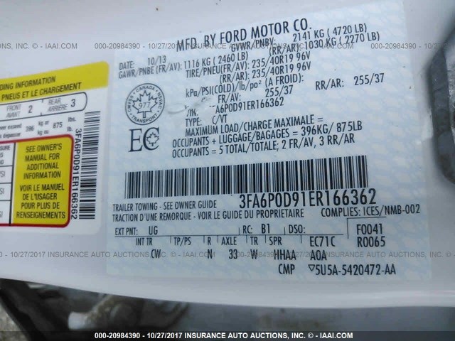 3FA6P0D91ER166362 - 2014 FORD FUSION TITANIUM WHITE photo 9