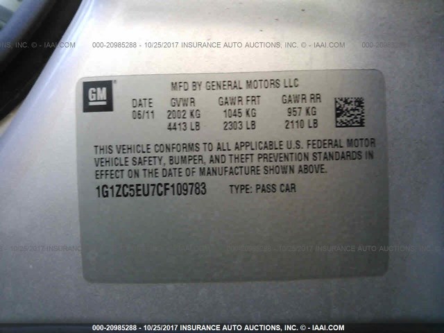 1G1ZC5EU7CF109783 - 2012 CHEVROLET MALIBU 1LT 银色 照片 9