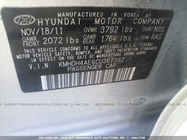 KMHDH4AE6CU367392 - 2012 HYUNDAI ELANTRA GLS/LIMITED SILVER photo 9