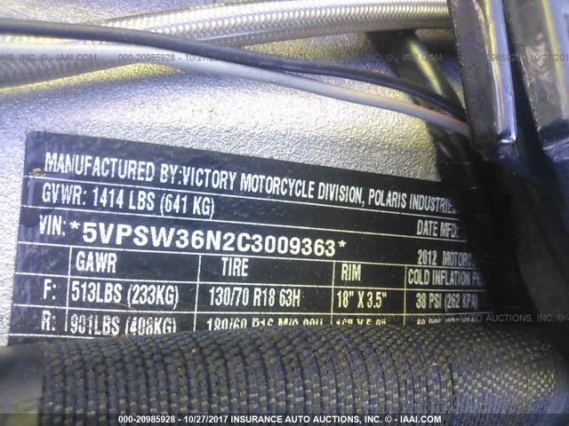 5VPSW36N2C3009363 - 2012 VICTORY MOTORCYCLES VISION TOUR Siyah fotoğraf 10