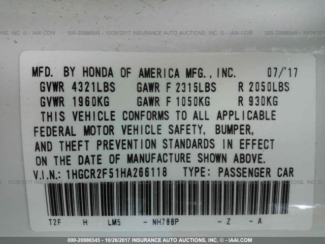 1HGCR2F51HA266118 - 2017 HONDA ACCORD SPORT 白色 照片 9