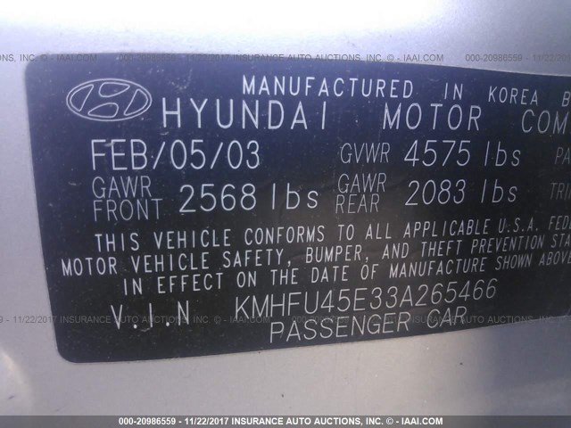 KMHFU45E33A265466 - 2003 HYUNDAI XG 350 SILVER photo 9