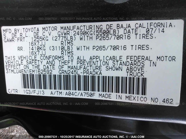 3TMLU4EN1EM162592 - 2014 TOYOTA TACOMA DOUBLE CAB ნაცრისფერი ფოტო 9