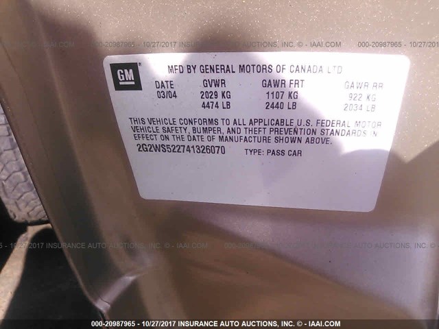 2G2WS522741326070 - 2004 PONTIAC GRAND PRIX GT2 GOLD photo 9