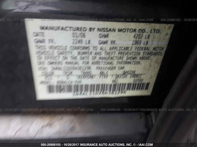 1N4AL11D26N361296 - 2006 NISSAN ALTIMA S/SL GRAY photo 9