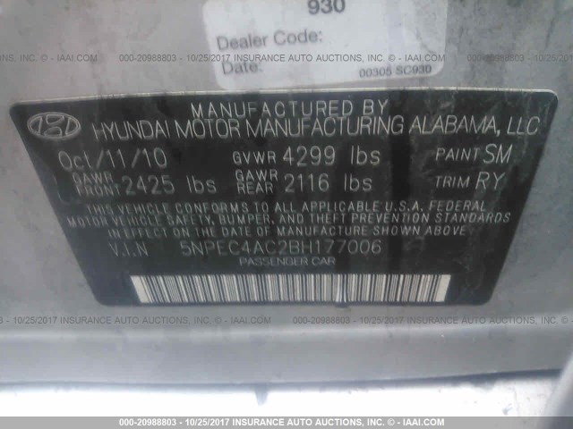 5NPEC4AC2BH177006 - 2011 HYUNDAI SONATA SE/LIMITED SILVER photo 9