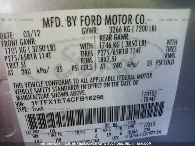 1FTFX1ET4CFB16298 - 2012 FORD F150 SUPER CAB SILVER photo 9