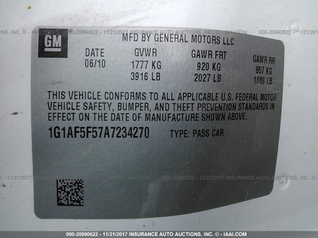 1G1AF5F57A7234270 - 2010 CHEVROLET COBALT 2LT WHITE photo 9