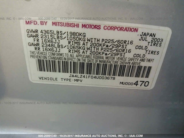 JA4LZ41F04U003678 - 2004 MITSUBISHI OUTLANDER XLS SILVER photo 9