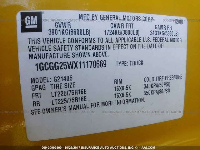 1GCGG25WX11170669 - 2001 CHEVROLET EXPRESS G2500  YELLOW photo 9