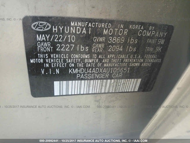 KMHDU4ADXAU105651 - 2010 HYUNDAI ELANTRA BLUE/GLS/SE TAN photo 9