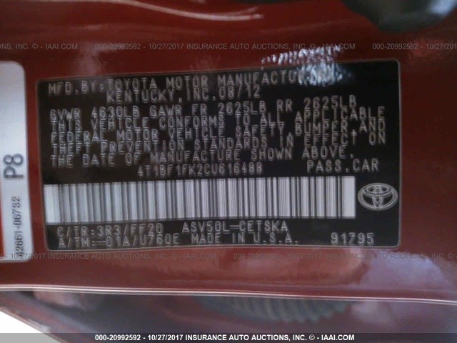 4T1BF1FK2CU616488 - 2012 TOYOTA CAMRY SE/LE/XLE RED photo 9