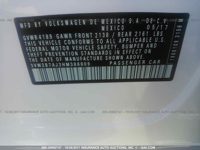 3VW2B7AJ3HM386809 - 2017 VOLKSWAGEN JETTA S 白色 照片 9